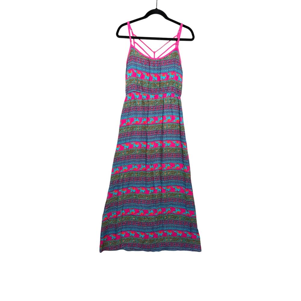 Y2K Boho Elephant Tribal Sleeveless Maxi Dress Size Medium Colorful Statement